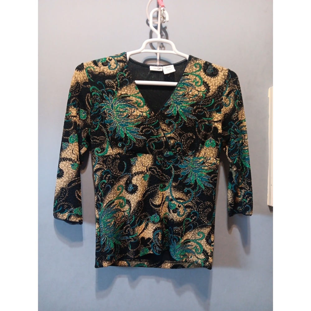 Whimsigoth Celestial Grunge Witchy Top Womens M Black Turquoise Gold 3/4 Sleeve